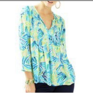 Lilly Pulitzer Womens Daylen Tunic Shirt Top Palm Leaves Blue Green S